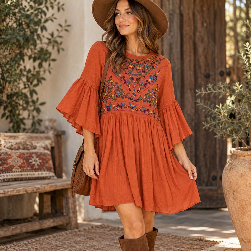 Umgee Womens Embroidered Floral Boho Bliss Dress M Rust Bell Sleeve Peasant NWT